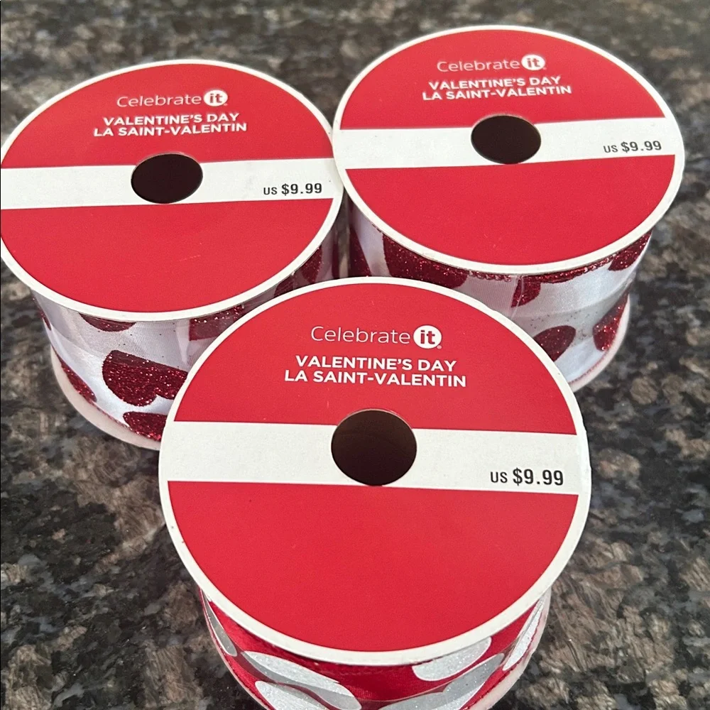 Celebrate It Glittery Red and White Heart Ribbon Trio